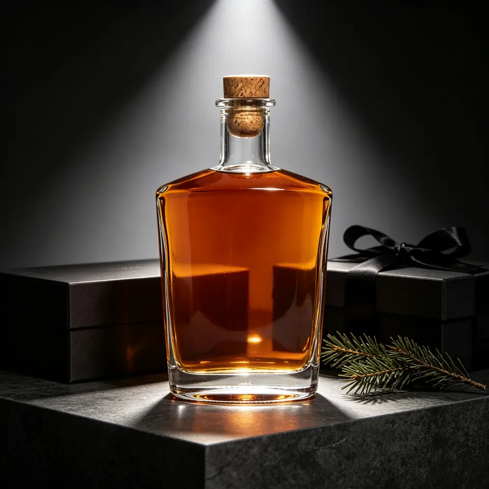 Faceted square super flint spirit bottle, heavy base