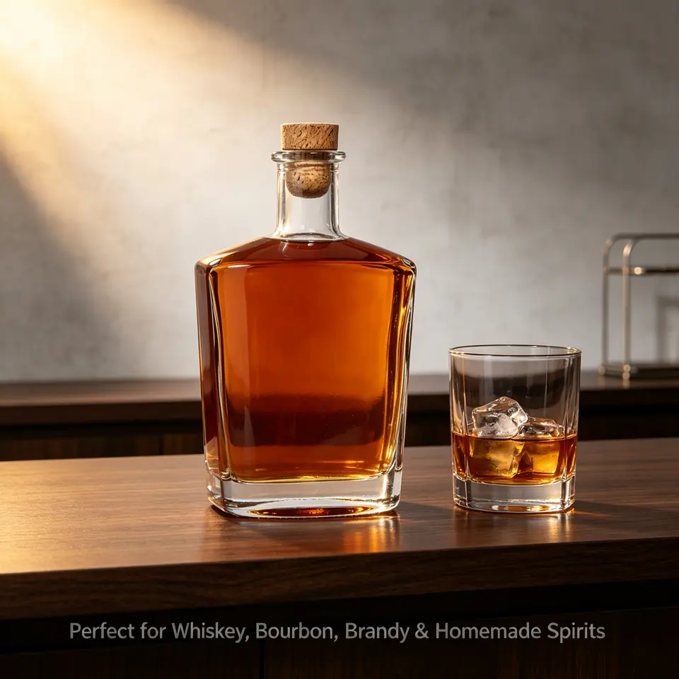 Flat square super flint liquor bottle, ROPP or cork