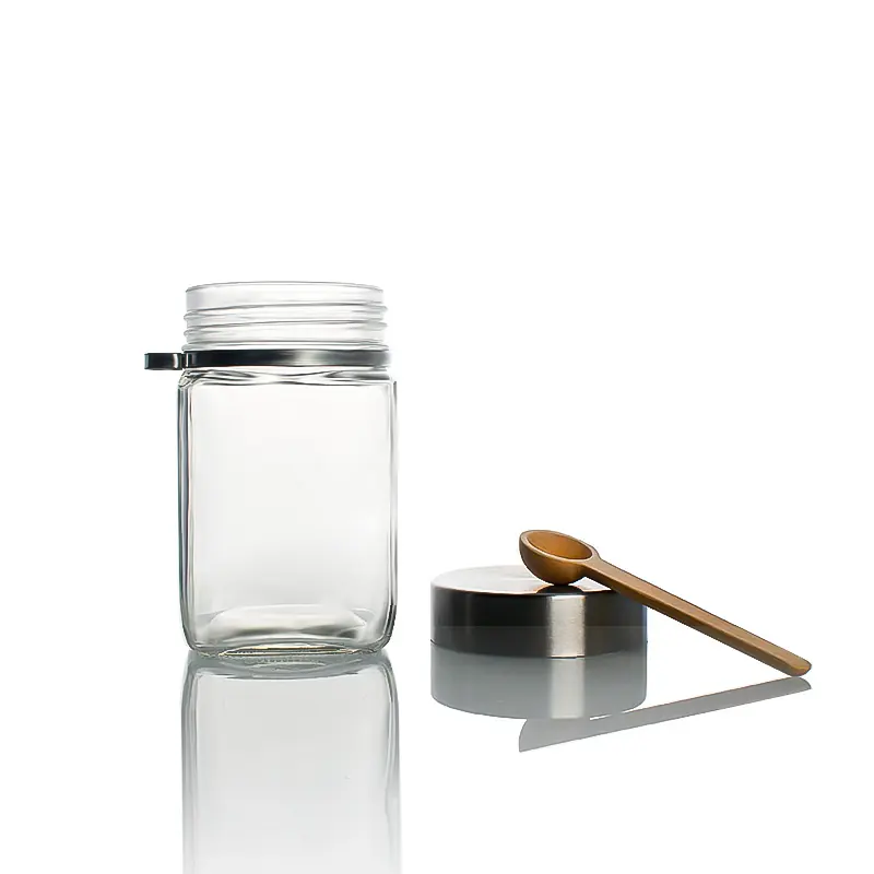 Square glass spice jar with wooden spoon and lid, 240–320 ml