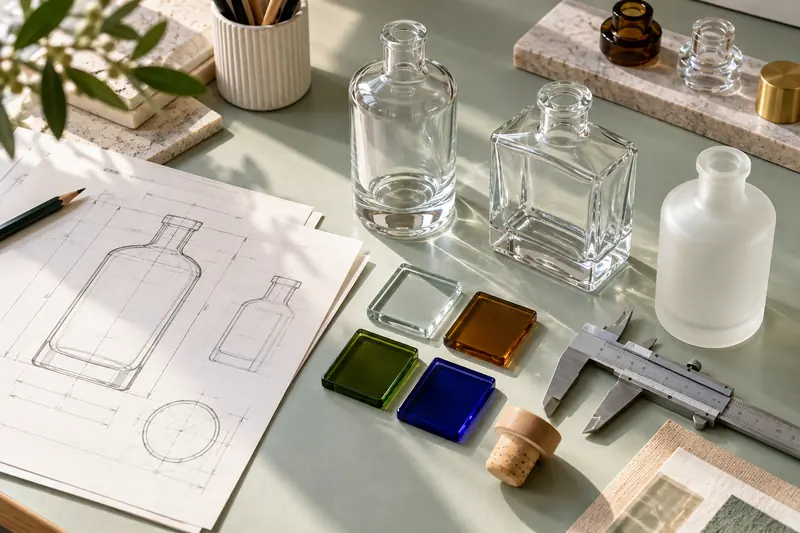 Bottle drawing, glass samples and color chips on a designer’s desk