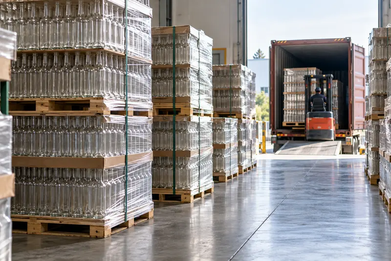 Shrink-wrapped pallets of glass bottles beside a container at a loading dock